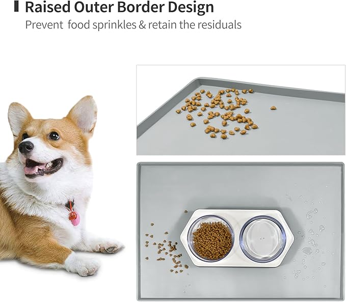 Dog Food Mat,Silicone Waterproof Food Tray,Non Slip Pet Bowl Mats Placemat,0.6" Raised Edge,Suitable for Most Small and Medium Sized Pets,18.5" x 11.5"