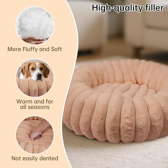 Donut Dog and Cat Bed, Luxurious Comfortable Faux Rabbit Fur Pet Beds, Round Anti-Anxiety Calming Puppy Kitten Bed with Anti-Slip Bottom for Small Medium Large Dogs & Cats(31", Brown)