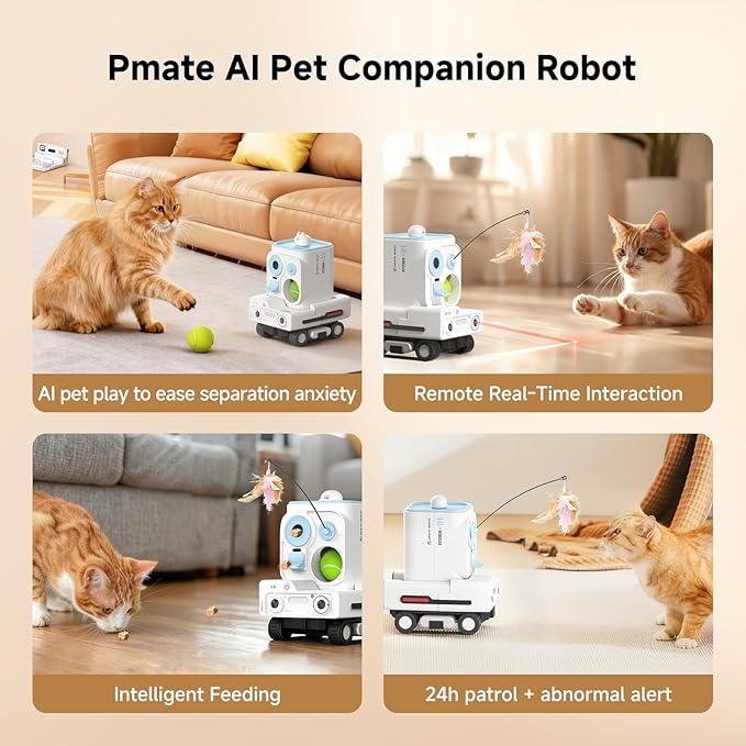 Pmate AI Pet Robot Companion for Dogs & Cats, with Visual Recognition, Remote Video Interaction, Auto Feeding & Play, Red Light Teaser, Night Vision, Auto Charging, Blue