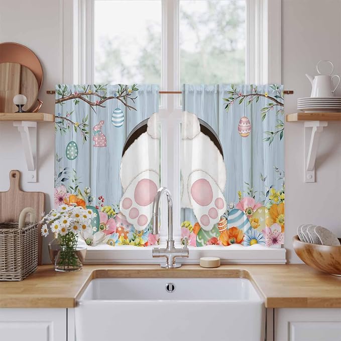 Easter Kitchen Tier Curtains 45 Inch Long 2 Panel Set, Rod Pocket Short Window