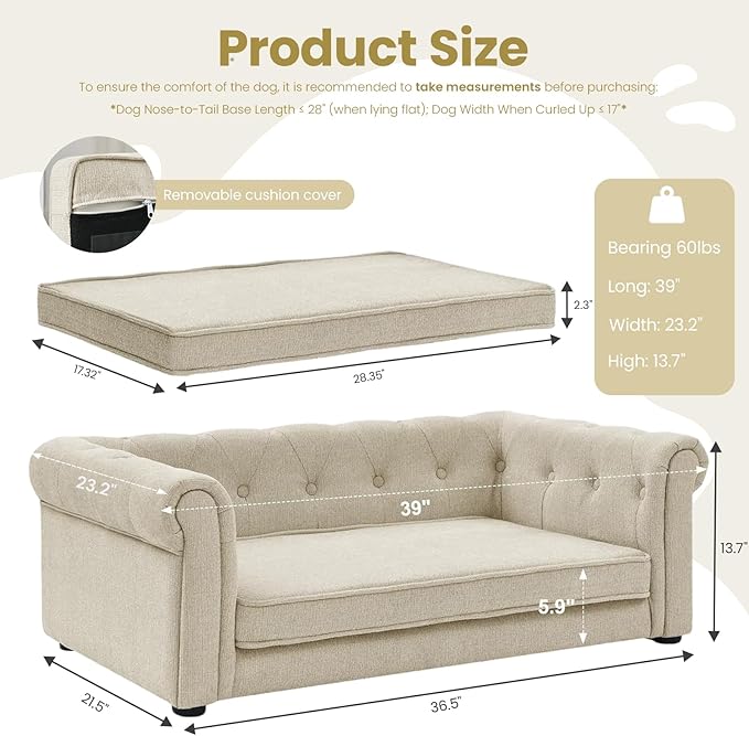Elevated Dog Sofa with Backrest and Armrests, Button Tufted Dog Couch Bed with Soft Cushion for Medium Dogs, Stylish Lounging Bed Pet Couch Chair, 60Lbs Weight Capacity, Beige
