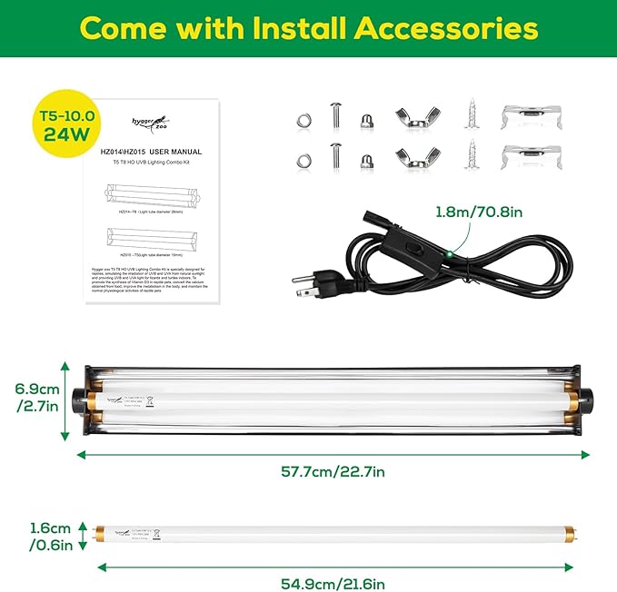 T5 UVB Reptile Light Fixture HO UVB Bulb Lighting Combo Kit, 10.0 UVB Light for Reptiles Terrarium Hood with 24W Reptile Light Bar UVA UVB Desert Lamp for Bearded Dragon Turtle Tank, 22Inch