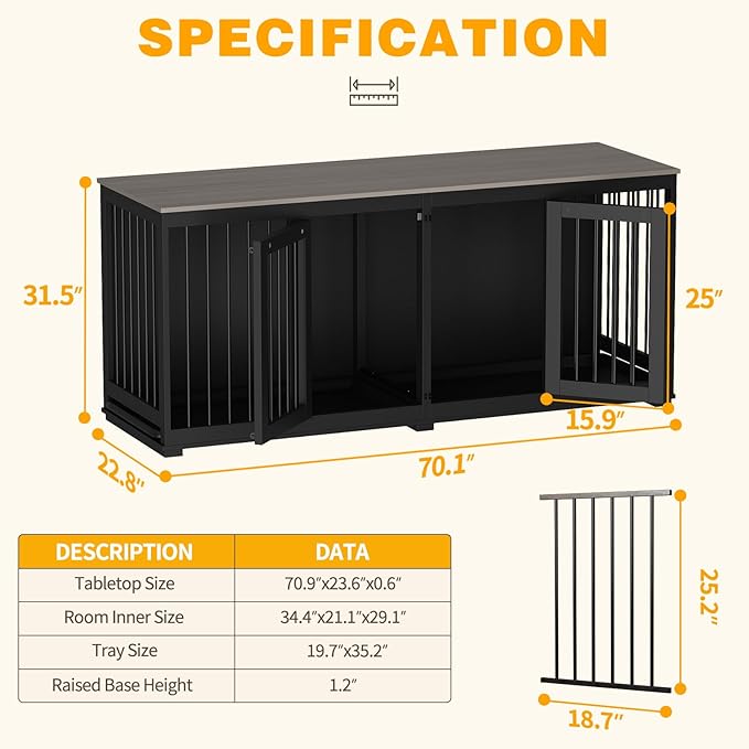 Large Funiture Style Dog Crate for 2 Dogs, 70" Wooden Dog Kennel Furniture with Removable Divider & 2 Trays, Indoor Heavy Duty Dog House w/Double Rooms for Large Medium Dogs, Black
