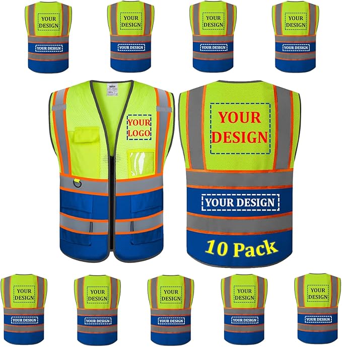 10 Pack Custom Safety Vest Customized Logo Mesh Vest Class 2 High Visibility Reflective Vest with Pockets Workwear（Yellow Blue，M ）