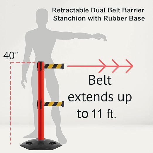 Montour Line MSR630D Set of 2 Retractable Belt Barrier Stanchion, Heavy-Duty Rubber Base, Red Post (11 ft Red with"Danger - Keep Out" White Letters Dual Belt)