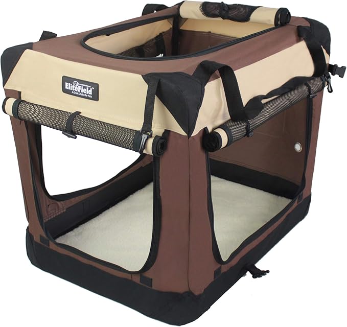 EliteField 4-Door Folding Soft Dog Crate with Curtains, Carrying Bag and Fleece Bed (2 Year Warranty), Indoor & Outdoor Pet Home (24" L x 18" W x 21" H, Brown+Beige)