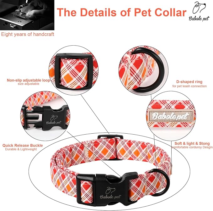 Fall Dog Collar, Fall Orange and Red Plaid Puppy Collar, Adjustable Cotton Holiday Tanksgiving Dog Collars for Small Medium Large Boy&Girl Dogs L