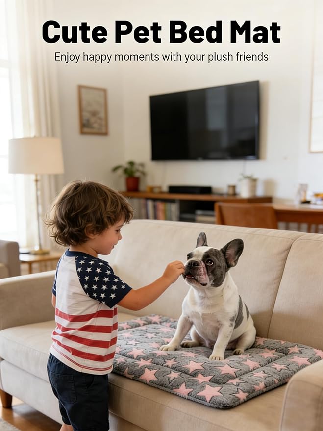 Dog Bed Mat - Reversible Dog Crate Bed Mats, Soft & Breathable Kennel Pad, Durable Crate Bed for Small Dogs & Cats (Pink&Gray Stars, S(24"*16"*1.2"))