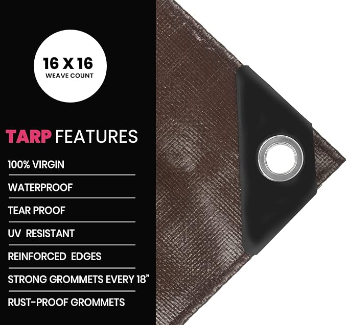 PROTARP Extreme Heavy Duty 22 Mil Tarp Cover, Waterproof, UV Resistant, Rip and Tear Proof, Poly Tarpaulin with Reinforced Edges for Roof, Camping, Patio, Pool, Boat. (Brown/Black 30′ X 40′)