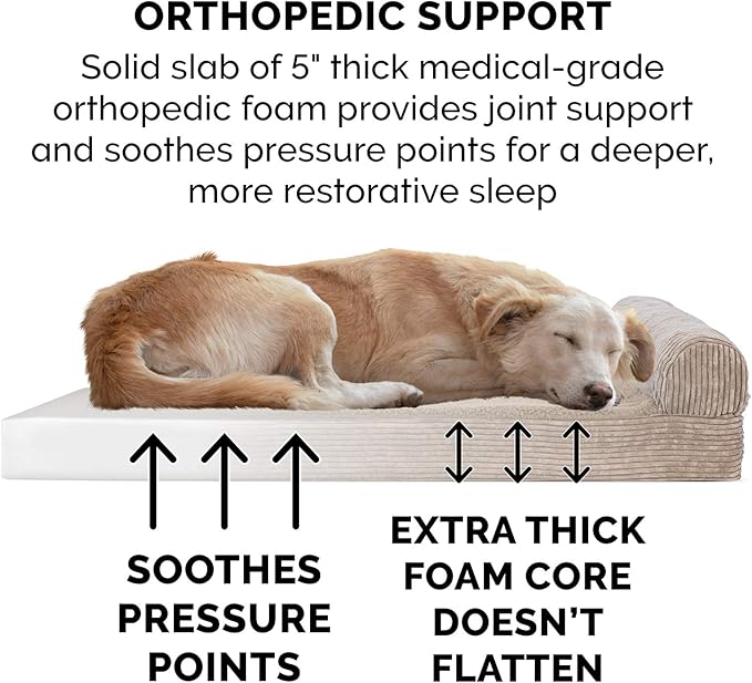 Furhaven Orthopedic Dog Bed for Large Dogs w/ Removable Bolster & Washable Cover, For Dogs Up to 125 lbs - Fleece & Corduroy Bolster Chaise - Sandstone, Jumbo Plus/XXL