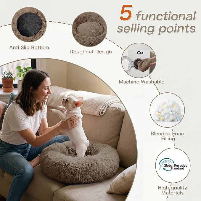 Calming Dog Bed, 24" x 24" x 6" Fits Cat & Dog, Anti-Slip Round Washable Faux Fur for Doze Off, Napping Orthopedic, Khaki