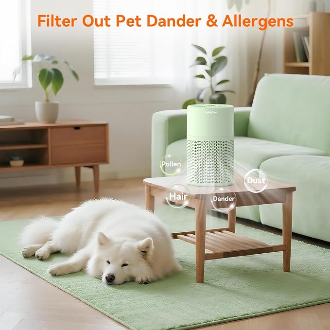 AIRROMI Pets Air Purifier for Home Allergies,Up to 660 ft². HEPA Deodorizing Activated Carbon Filter,With Fragrance Sponge for Better Sleep,Night Light,Pet Dander,Smoke,Odors,Air Cleaner A2002 Green