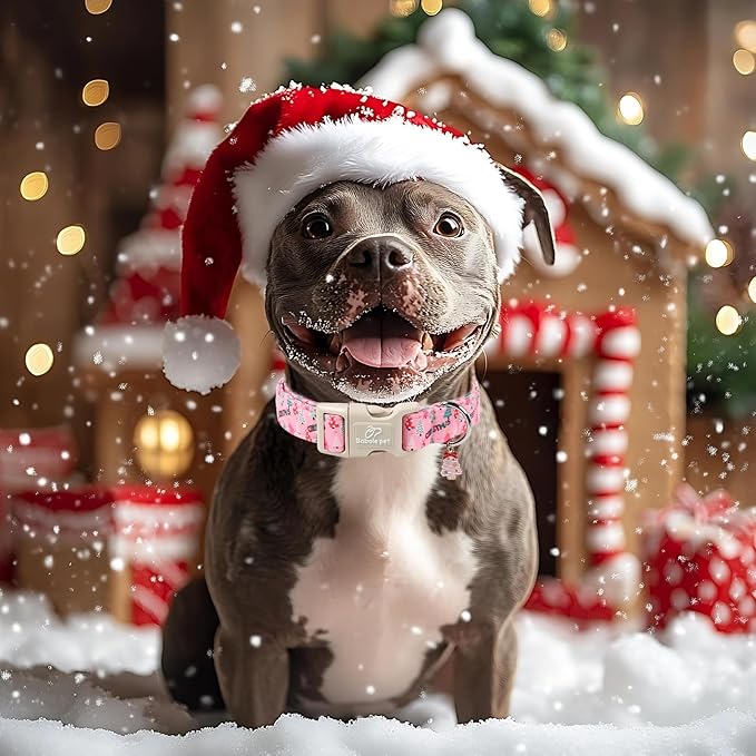 Christmas Dog Collar for Small Dogs - Cute Xmas Tree Print Pink Christmas Collars for Dogs, Soft Adjustable Winter Holiday Dog Collars with Quick Release Buckle S