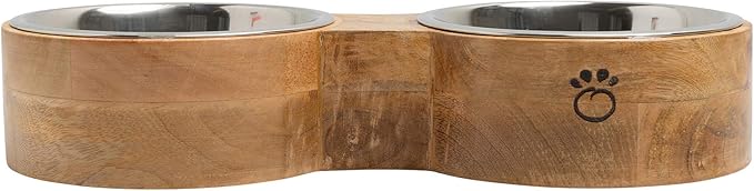 Luxury Elevated Dog Bowl Set - Mango Wood Stand with 2 Stainless Steel Food & Water Bowls - Raised Pet Feeder with Non-Slip Base, Modern Design for All Dog Sizes, Small 10oz