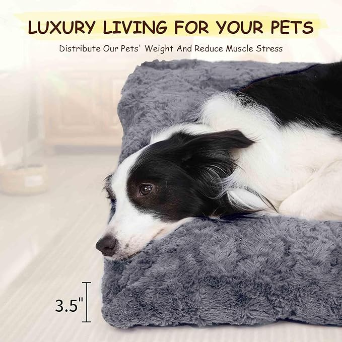 Washable Dog Bed for Small to Large Dogs, Calming Anti Anxiety Medium Dog Bed, Deluxe Plush Faux Fur Crate Beds, Comfy Fluffy Kennel Pad Pet Sleeping Mat Non-Slip Bottom, 35"x22", Dark Grey