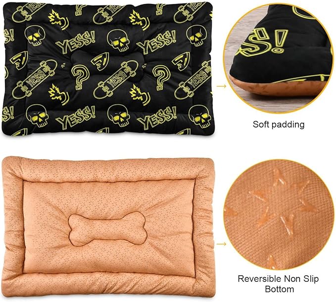 Emelivor Skateboard Skull Black Dog Cat Bed Washable Crate Pet Bed Anti-Slip Comfortable Breathable Crate Kennel Pad for Large Medium Small Dogs Cat,36x24in