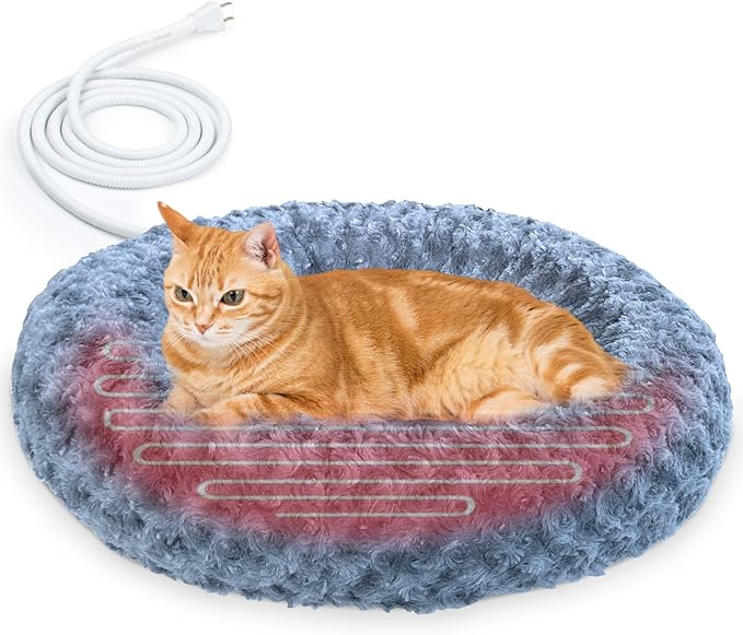 Heated Cat Beds for Indoor Cats Warming Cat Beds Super Soft Machine Washable Thermo Kitty Electric Heating Bed 19 Inches Round