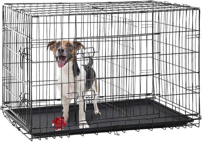Dog Crate for Large Medium Small Dogs, Folding Dog Kennel Cage with Plastic Tray & Divider 48"/42"/ 36"/ 30"/ 24" Indoor Outdoor Metal Double Door Heavy Duty Dog Pen Enclosure, Black(30 Inch)