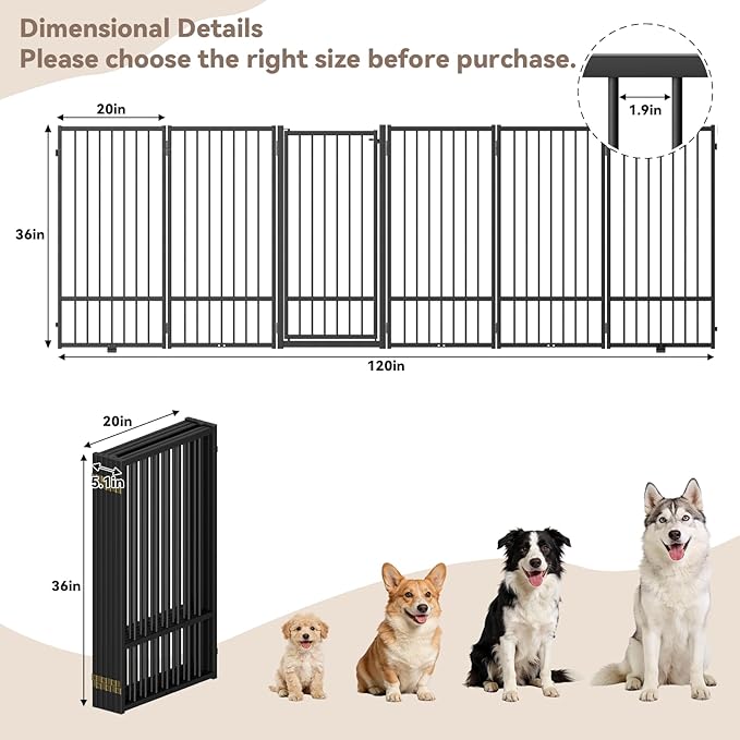 Full Metal Freestanding Dog Gate with Door, 36''Height Foldable Pet Dog Fence for Indoor & Outdoor, 6 Panels Extra Wide Free Standing TallDog Gates for Doorways,House,Stairs,Porch,Deck,Yard