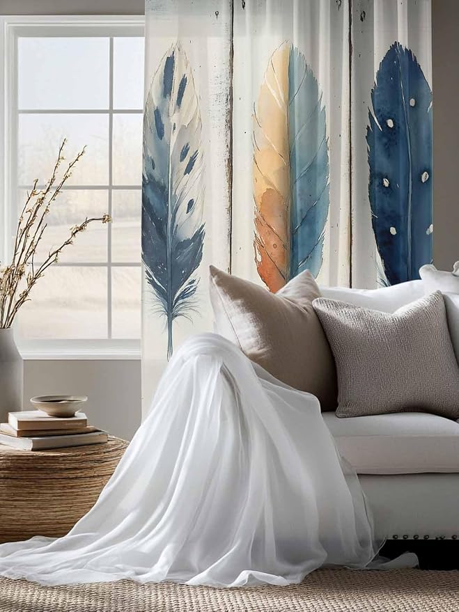 Sheer Curtains 72 Inches Long, Boho Ombre Vintage Wooden Grain Privacy Voile
