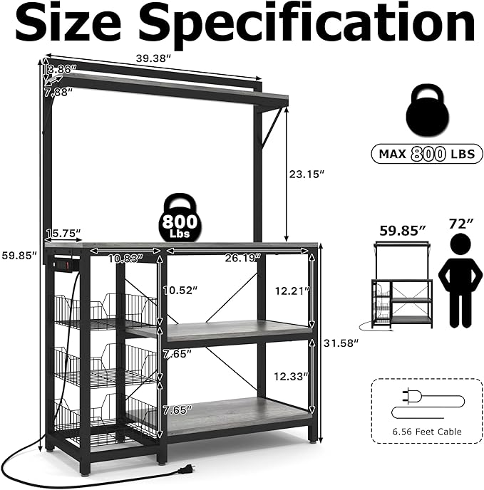Aquarium Stand with Power Outlets,55-70 Gallon Fish Tank Stand with 3 Baskets,2 Storage Shelf, 5-Tier Heavy Duty Metal Tank Stand Suitable for Turtle Tank, Reptile Terrarium