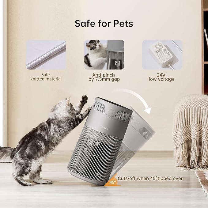 WiseSky Pet Air Purifier for Cat Owners, High-Efficiency Air Purifier for Cat Hair Dander Smoke Litter Odor in Large 1644 Sq Ft Room, 360° HEPA Filtration, Smart App, Quiet Pet-Friendly Design, Grey