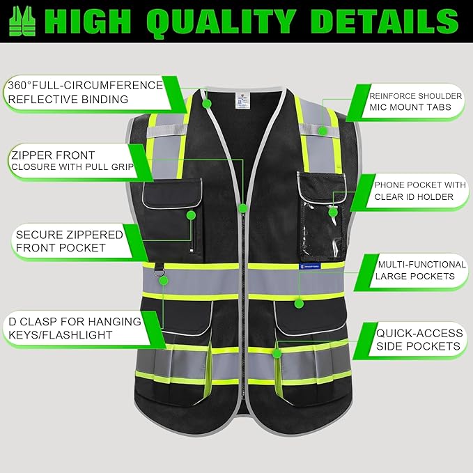 BeautyWill ANSI Certified Custom Logo Safety Vest 8-Pockets Class2 High Visibility Reflective Vest for Men - Personalized Logo Heavy-Duty Work Vest（Black，5Pack，XXL）