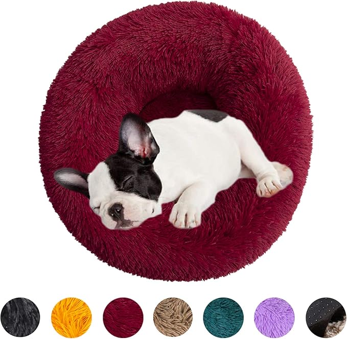 huraty Plush Dog Bed Pet Calming Fur Bed, Fluffy Donut Round Cat Beds, Anti-Slip & Anti-Anxiety, 16 Inch for Puppy and Kitties, Wine Red, XS