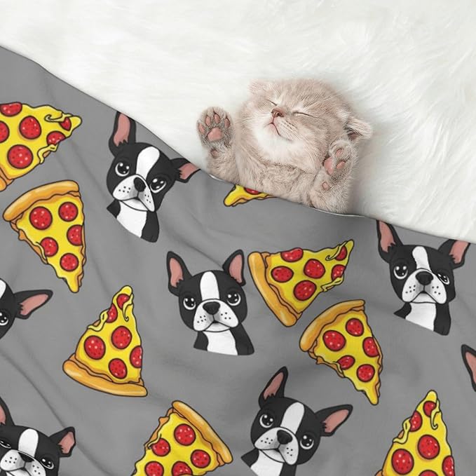 Reversible Plush Throw for Dogs and Cats, Grey Boston Terrier Dog Pizza, Double Sided Blanket with Nubby Dot Side and Sleek Side Ideal for Cuddling Nesting Security