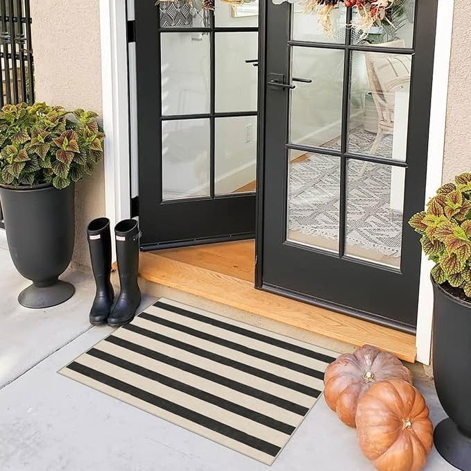 Black and White Striped Outdoor Rug