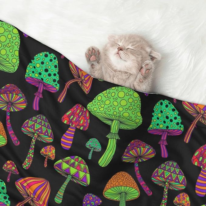 Double Sided Pet Throw for Dogs Who Shed, Trippy Mushrooms, Reversible Blanket with Nubby Dot Side Catches Loose Fur for Easier Furniture Cleanup