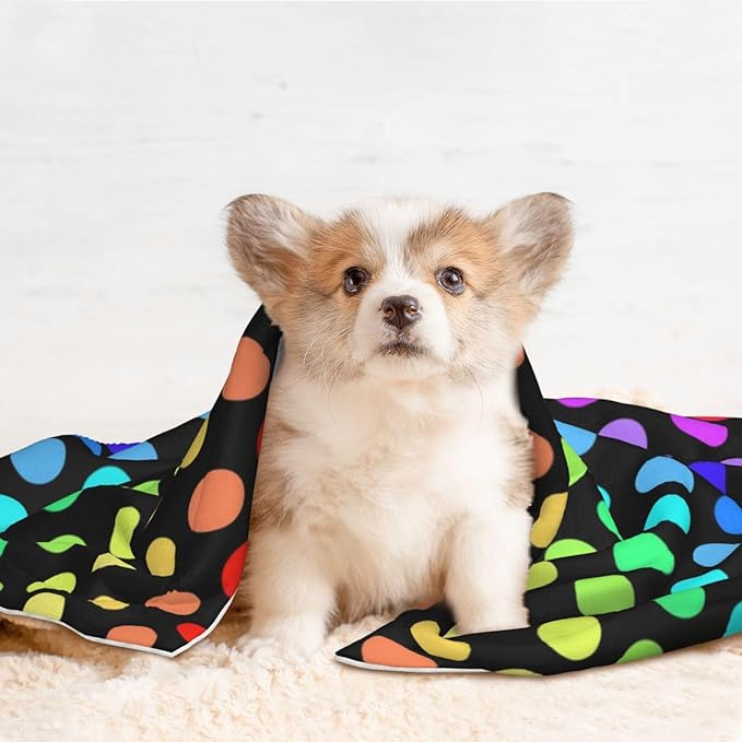 Pet Blanket for Indoor Outdoor Use, Colorful Rainbow Polka Dots, Two Sided Reversible Plush Mat with Bumpy Dot Texture for Patios Crates Portable Bed Companion
