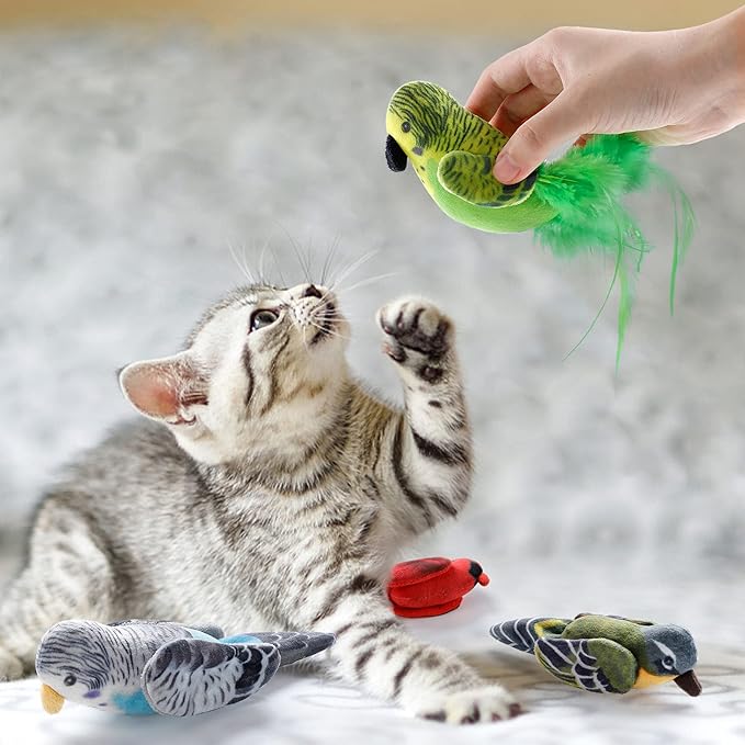 Dorakitten Cat Catnip Toys Interactive Cats 4pcs Kitten Plush Nip Chew Bird Toy with Crinkle Paper Pet Best Treats Stuffed Pillow Cute Teething Play Gifts Soft Kick Sound Supplies for Indoor Kitty
