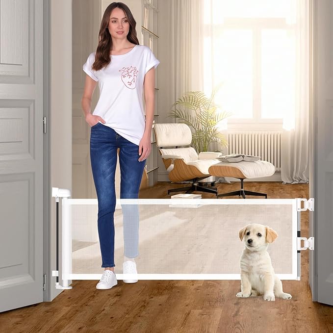 2 Pack Short Dog Gate Pet Gates Puppy Gate 14" H 59" Wide Step Over Pet Fence, Mesh Retractable Indoor Outdoor Expands Up to 59 Inches Small Dog Gates for Doorways Stairs