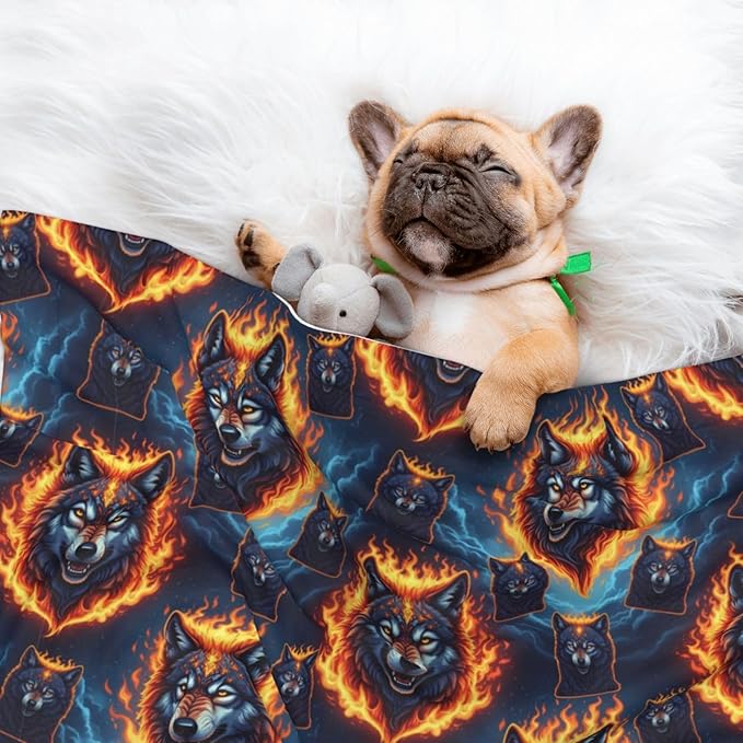 Pet Blanket for Couches and Beds, Wolf with Flame, Reversible Double Sided Plush Design with Soft Bumpy Texture and Smooth Surface, Furniture Protector