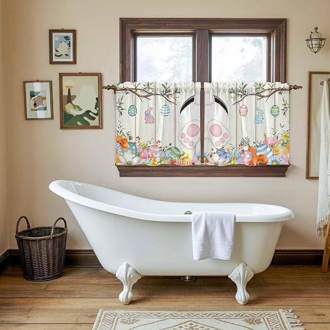 Easter Kitchen Tier Curtains 36 Inch Long 2 Panel Set, Rod Pocket Half Window