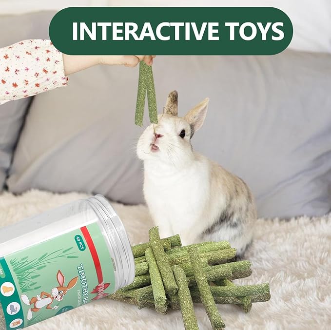 Timothy Hay Sticks Treats for Rabbits & Other Small Pets - 40pcs Natural Handmade Chew Toys