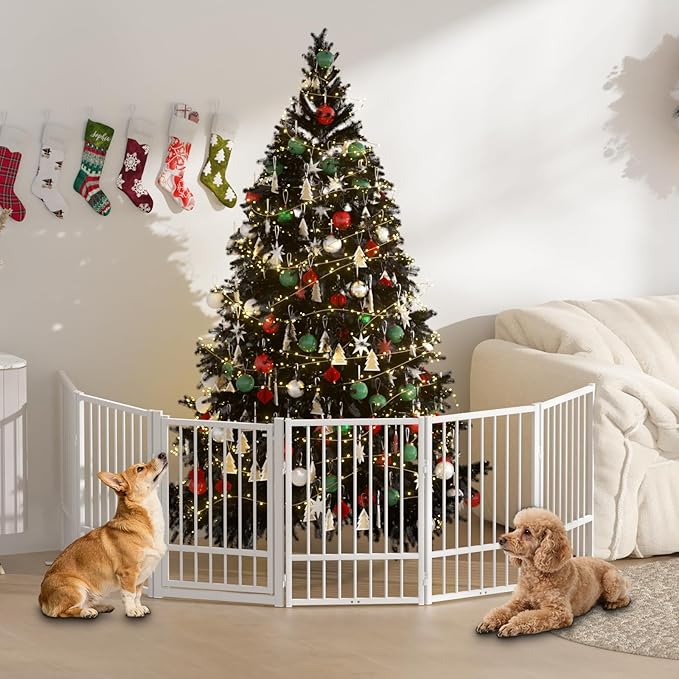 Full Metal Freestanding Dog Gate with Door, 32''Height Foldable Pet Dog Fence for Indoor & Outdoor, 6 Panels Extra Wide Free Standing TallDog Gates for Doorways,House,Stairs,Porch,Deck,Yard