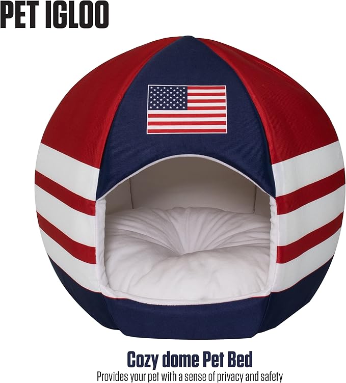 Maccabi Art US Country Dog Bed - Sports Themed Pet Bed - Fits Small Dogs, Puppies, Cats - Pillow Insert with Plush Lined Interrior, Non-Slip Igloo Design - 16 x 18 x 16