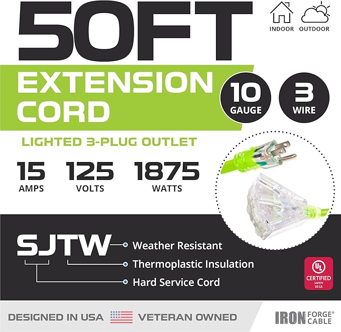 Iron Forge Cable 10 Gauge 50ft Lighted Outdoor Heavy Duty Extension Cord with 3 Outlets - 15 Amp 10/3 SJTW Green Extension Cord with Multiple Outlets
