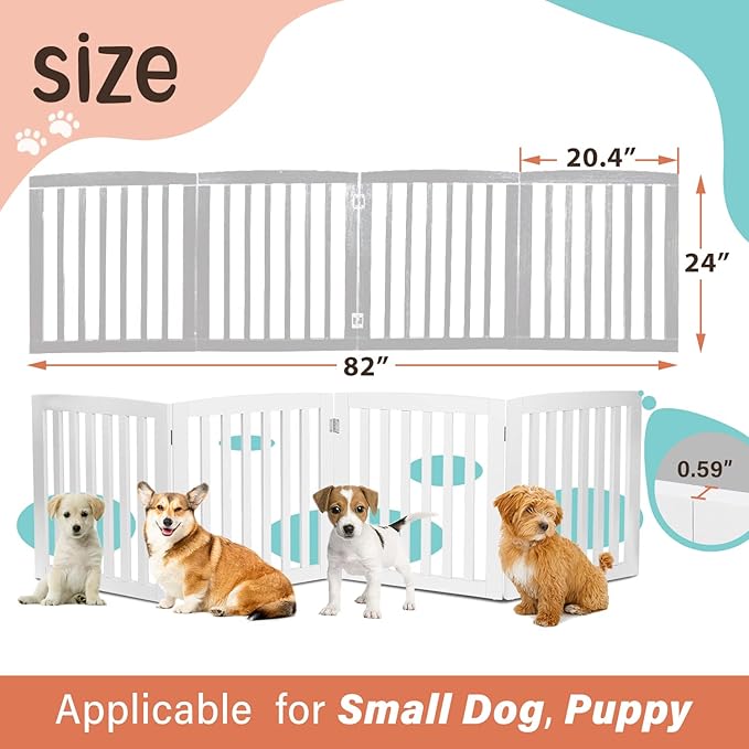 ZENY 24 Inch Pet Dog Gate, Foldable Freestanding Dog Door 4 Panel, White Wooden Z Shape Step Over Pet Fence for Entryway, Stairs, Doorway, White