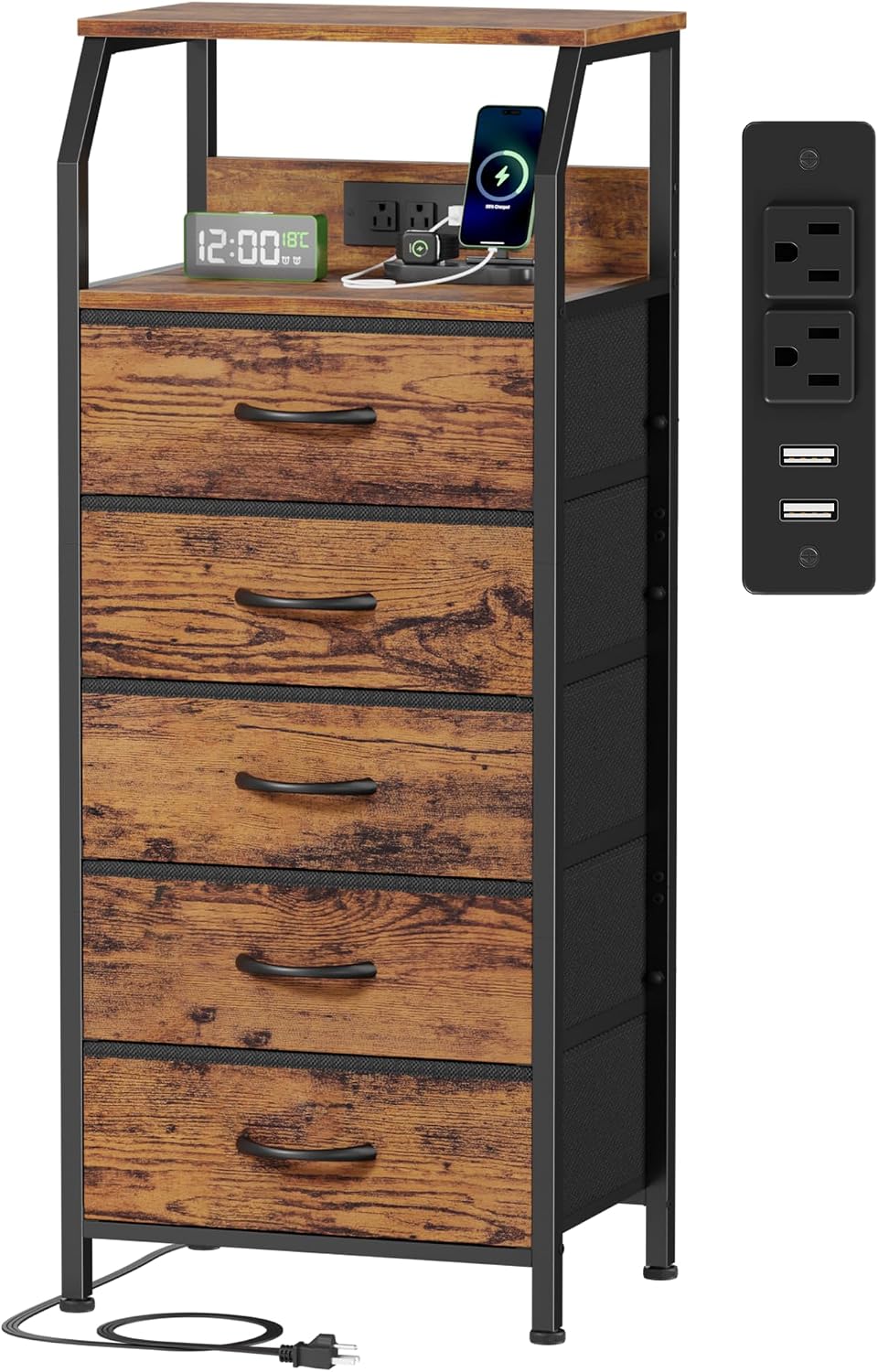 Furnulem 5 Drawers Dresser with Charging Station, Tall Nightstand, Brown
