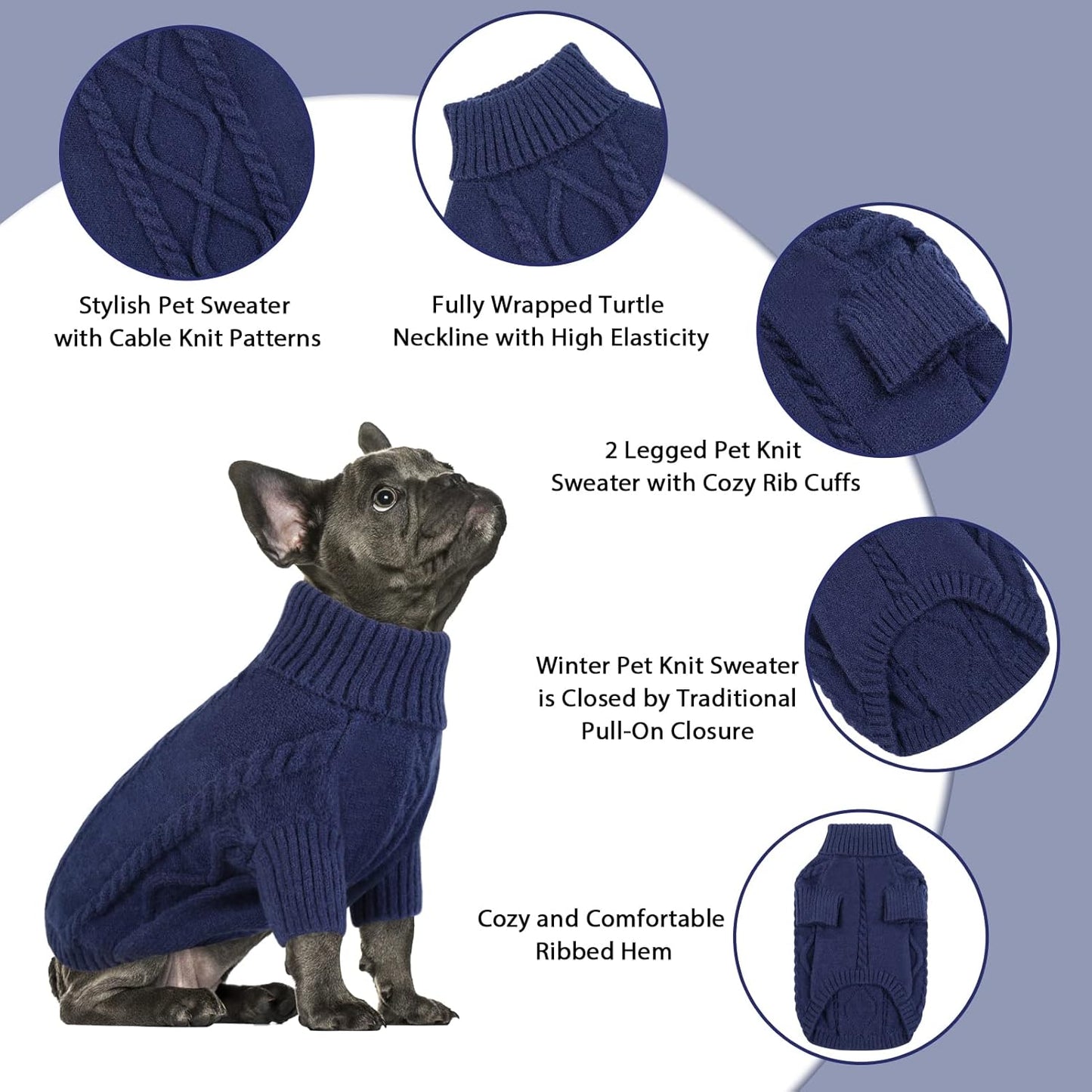 Queenmore Small Dog Pullover Sweater, Cold Weather Cable Knitwear, Classic Turtleneck Thick Warm Clothes for Chihuahua, Bulldog, Dachshund, Pug (Dark Navy, Large)