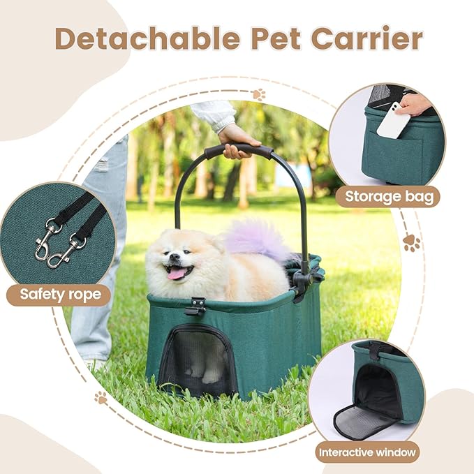 Wdyvko 3 in 1 Dog Stroller, Upgraded Frame, Up to 44lbs Pet Stroller with Dog Poop Bags & Dispenser, Zipperless Entry, Storage Basket & Pouch for Small Dogs Cats (Dark Green)