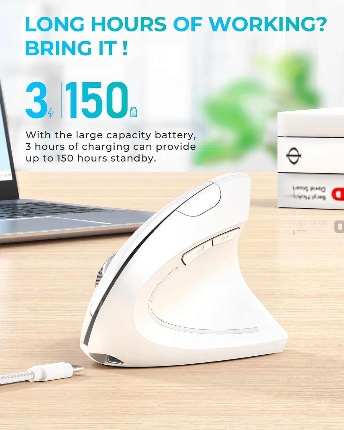 Lekvey Ergonomic Mouse, Rechargeable Vertical Wireless Mouse, White