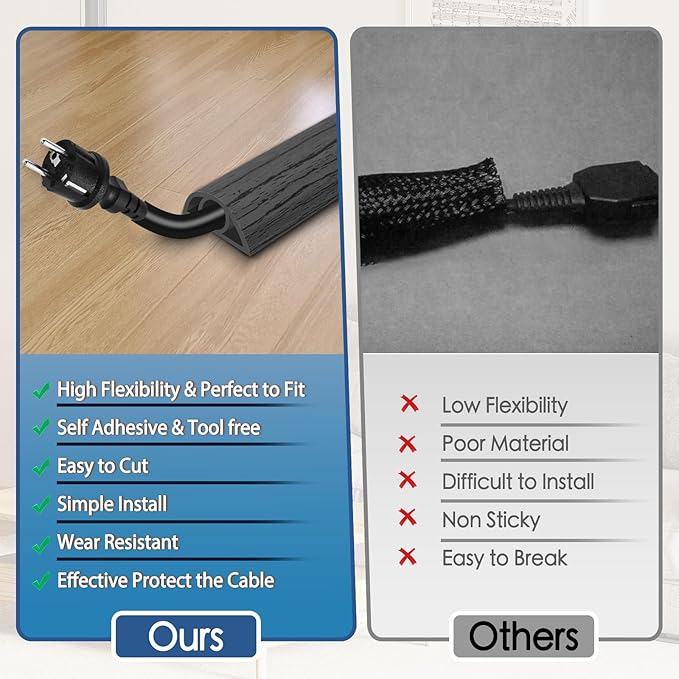 Floor Cord Cover for Wires on Floor Self Adhesive Cord Hider Floor Cable Management Wire Covers for Cords Protector Prevent Cable Trips Cord Cavity W 0.32" x H 0.32", Deep Gray Wood, 20Ft