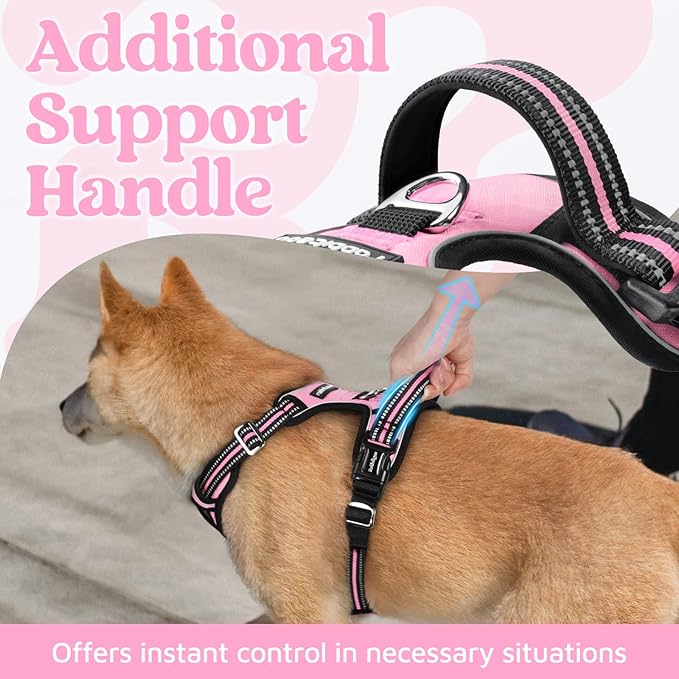 rabbitgoo Dog Harness for Large Dogs, No Pull Pet Vest with 3 Buckles, Adjustable Soft Padded Pet Harness with Easy Control Handle and Reflective Strips, Light Pink, L
