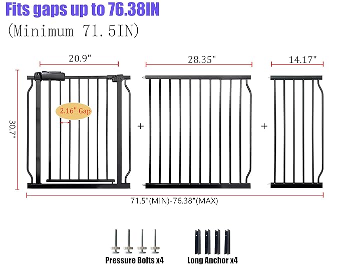 Baby Gates Extra Wide 71.5-76.4 Inch Large Baby Gates for Stairs Tension Pet Dog Gates Indoor for Doorways No Drilling Pressure Mounted Pet Gates for Kids