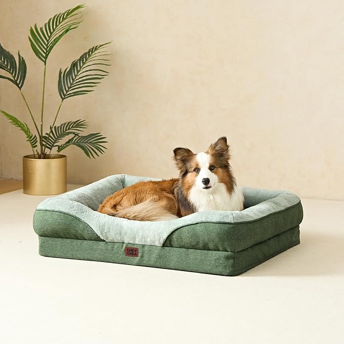 EHEYCIGA Orthopedic Dog Bed for Medium Dog, 35x22x6.5 Inch Memory Foam Dog Couch Bed with Sides, Waterproof Liner & Washable Removable Cover, Bolster Pet Sofa, Green