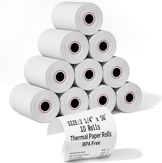 (10 Rolls) 2 1/4" x 50' Thermal Receipt Paper Rolls, Cash Register POS Thermal Paper, Credit Card Rolls Thermal 2 1/4 in x 50 ft.